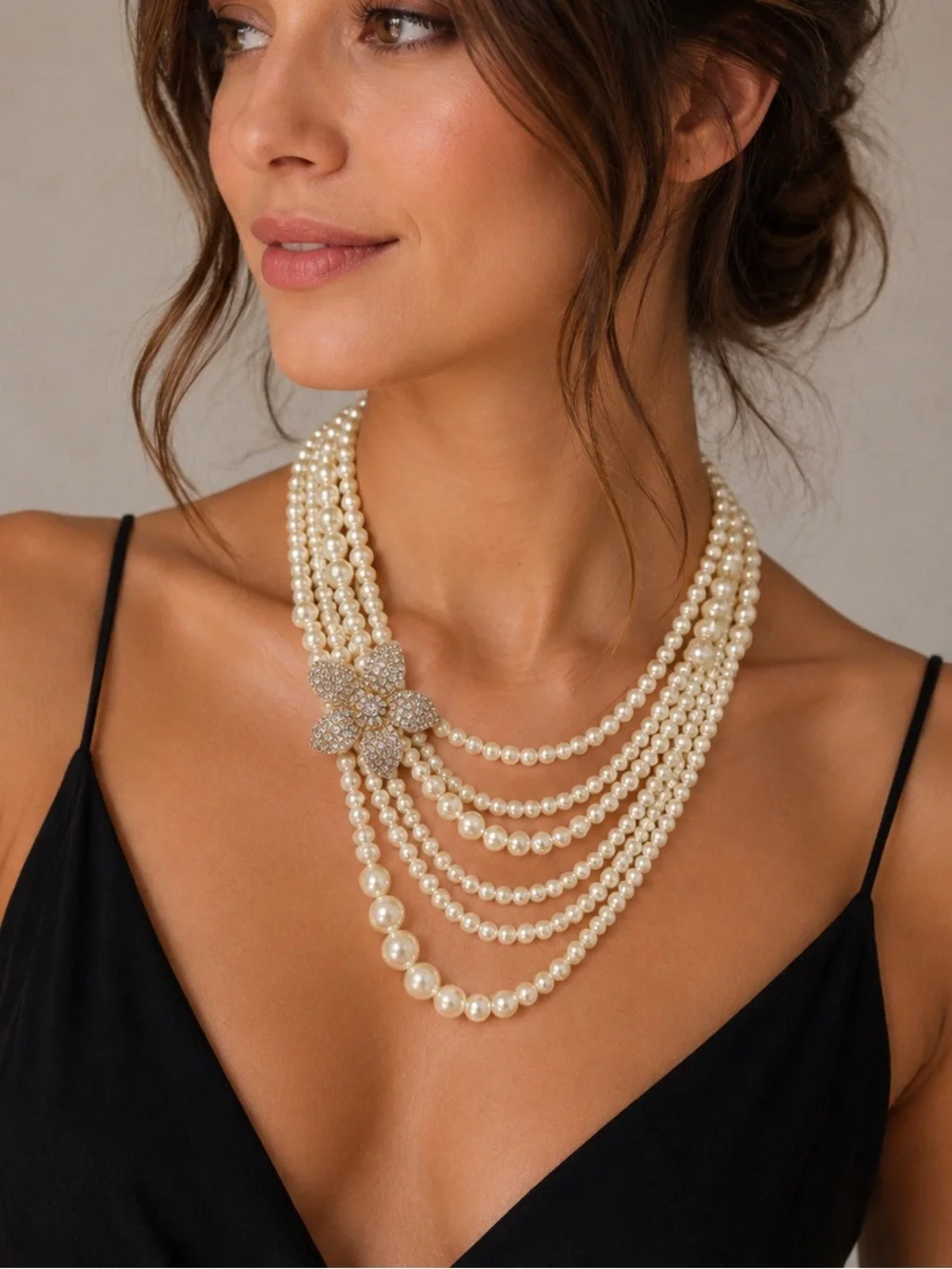 Vintage Italian Faux Pearl Multi Strand Statement Necklace Rhinestone Flower